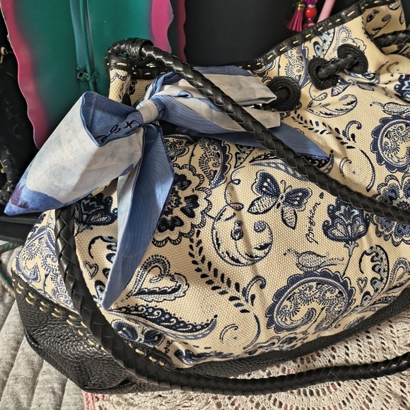 Brighton Bucket Tote Canvas Floral Blue and Black Women's Bag Denim Interior - Picture 9 of 10